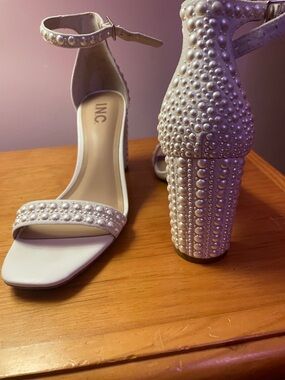 INC International Concepts Ivory Pearl-Studded Block Heel Sandals